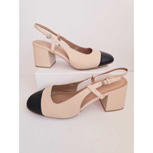 Torrid Slingback Cap Toe Buckle Block Heel Beige Black Shoes 13 WW Extra Wide - Picture 1 of 14